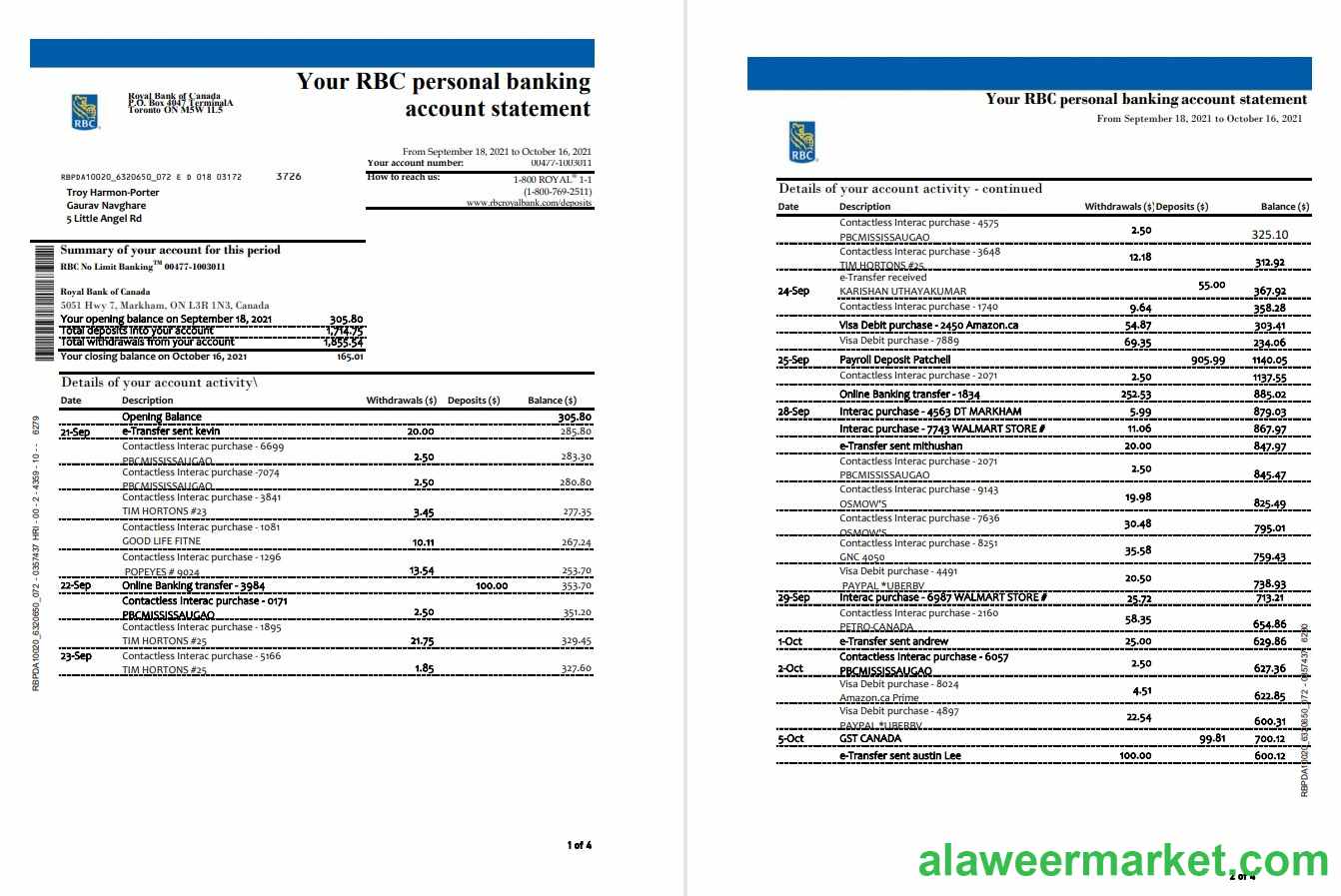 Canada Royal Bank of Canada (RBC) bank statement template in .xls and .pdf file format (4 pages) (AutoSum)